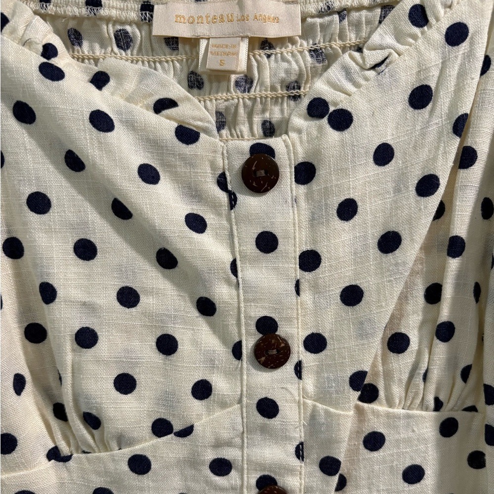 Monteau Polka Dot Puff Sleeve Blouse Cream Navy Smocked Back Small - Picture 3 of 4
